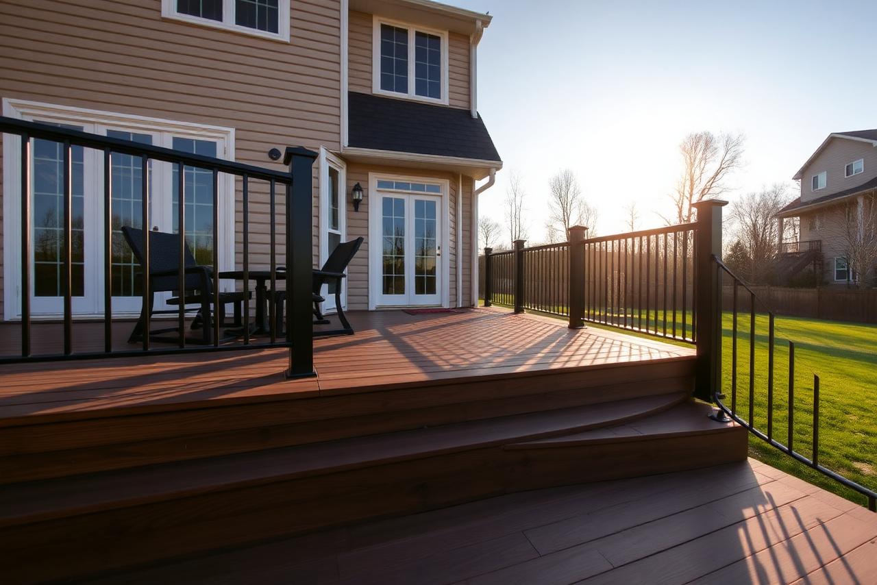 New composite deck installation with black railings behind a Northern Virginia home