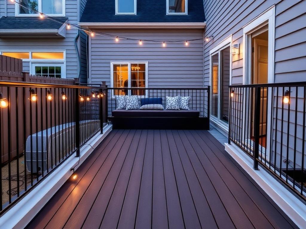 Compact composite townhouse deck in Arlington VA with built-in bench seating, black railing and string lights at dusk