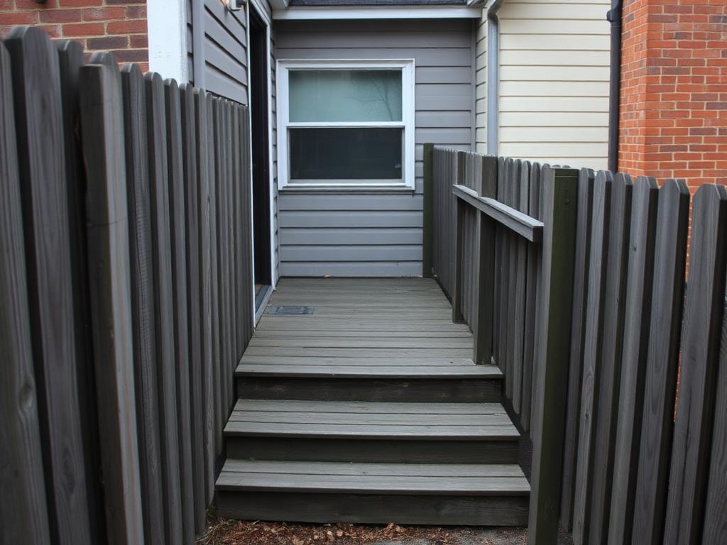 Cramped weathered wood deck and worn stairs in a narrow Arlington VA townhouse rear yard before rebuild