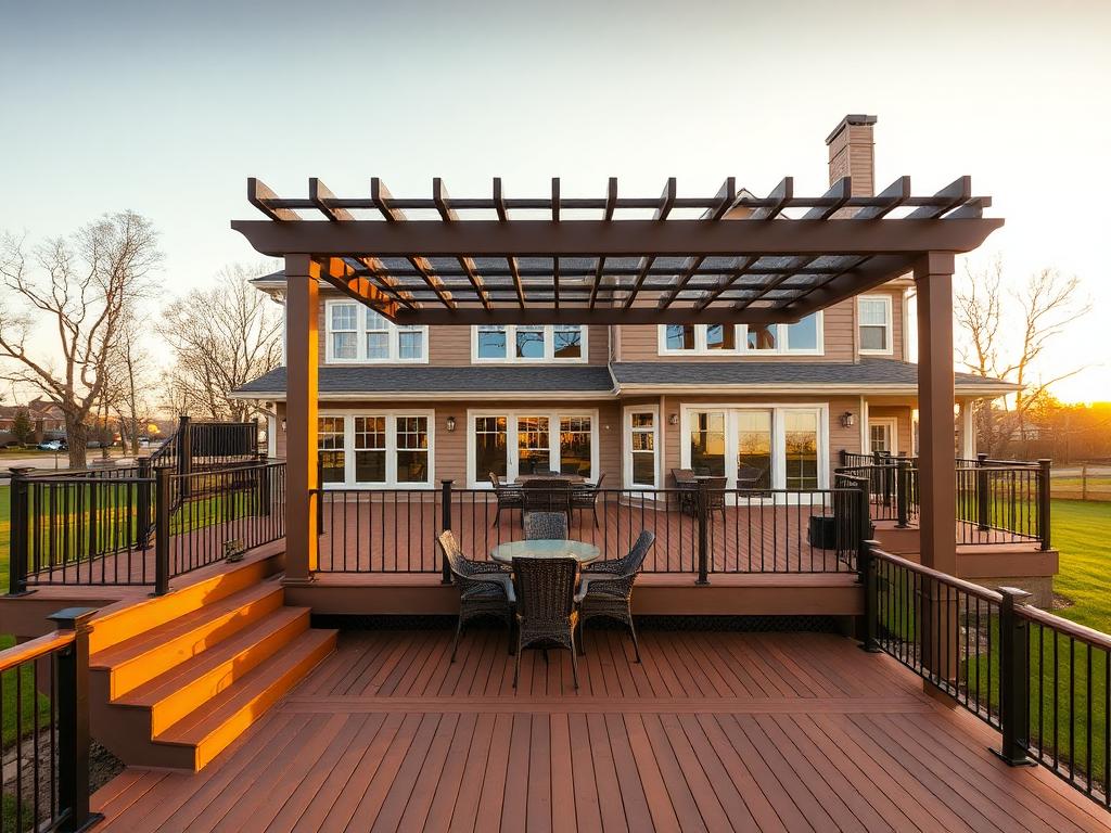 Multi-level brown composite deck with pergola, dining set and black railings behind an Ashburn VA home