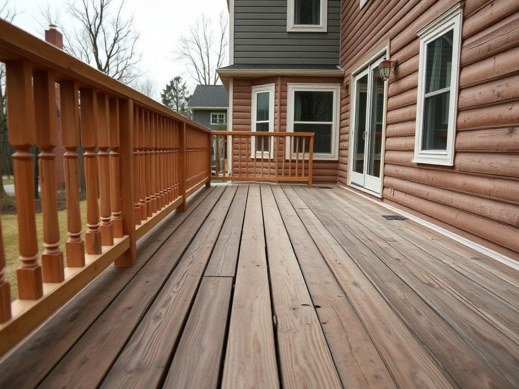 Faded builder-grade wood deck with turned spindle railing behind an Ashburn VA home before replacement