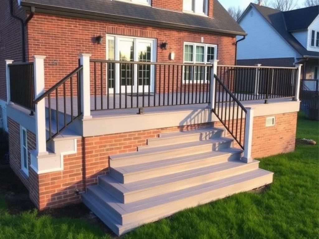 New gray composite deck with black aluminum railings and wide stairs behind a Fairfax VA brick colonial