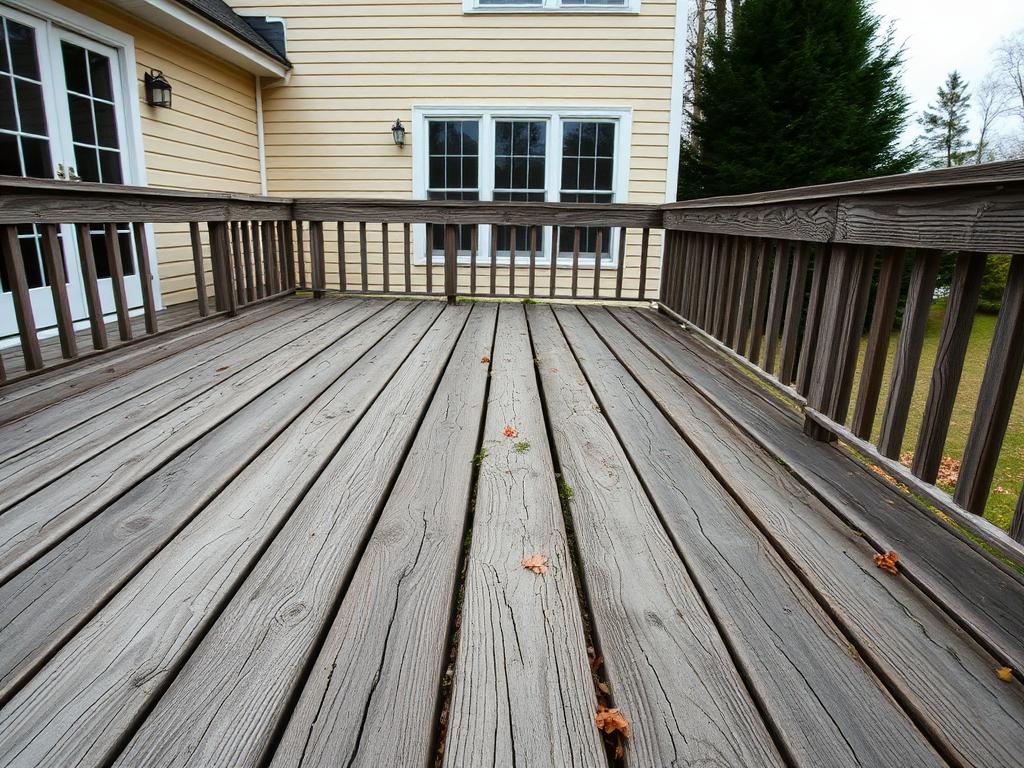 Weathered gray pressure-treated deck with loose railing behind a Fairfax VA colonial before replacement