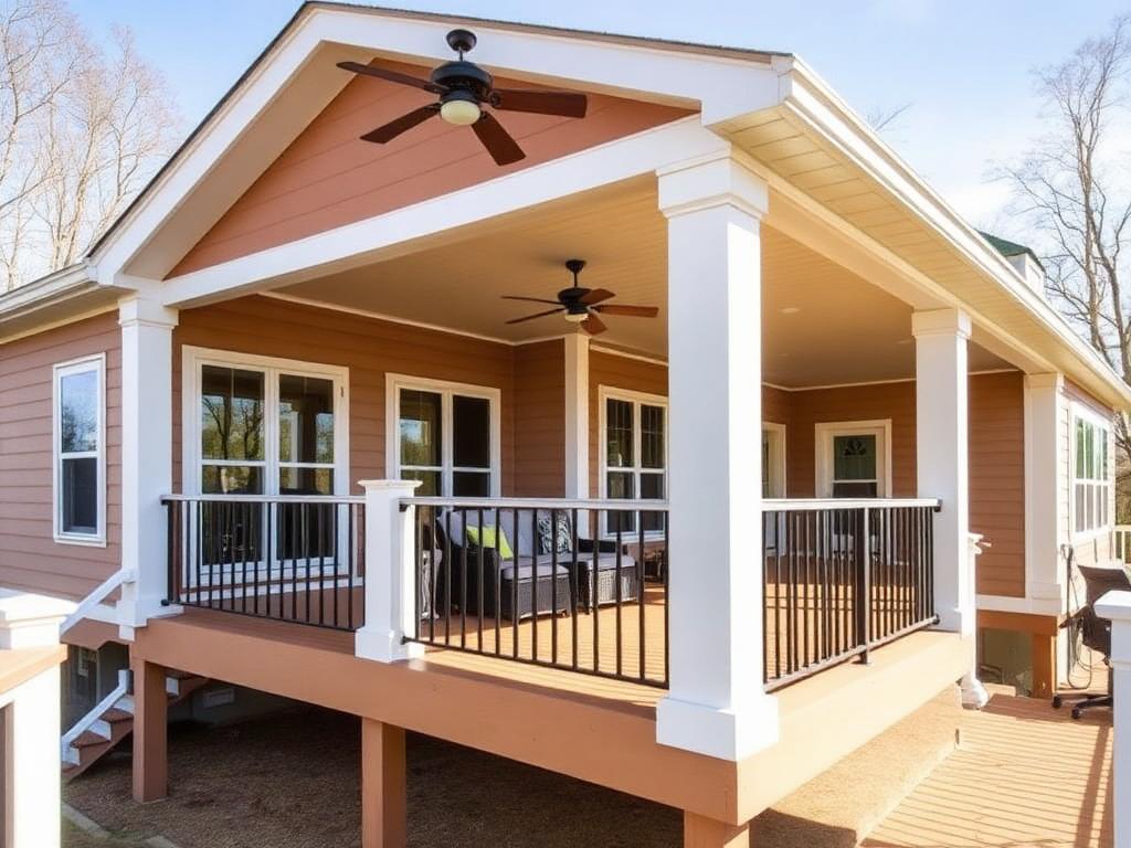 Covered composite deck with gable roof, ceiling fans, white posts and black railing on a Leesburg VA home