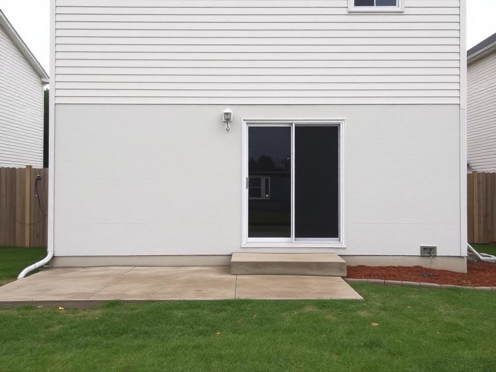 Bare rear elevation of a Leesburg VA home with a sliding door above a small concrete pad and no deck
