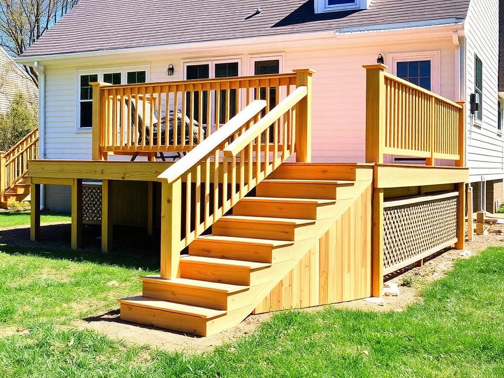 New pressure-treated wood deck with wide stairs and wood railing behind a Manassas VA rambler