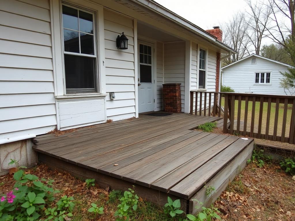 Small rotting low wood deck with overgrown edges behind a Manassas VA rambler before rebuild