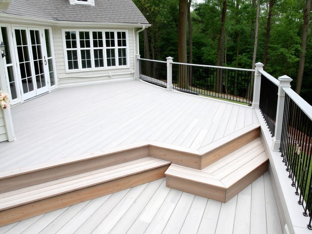 Resurfaced deck with light gray composite boards, hidden fasteners and black cable railing in wooded McLean VA backyard