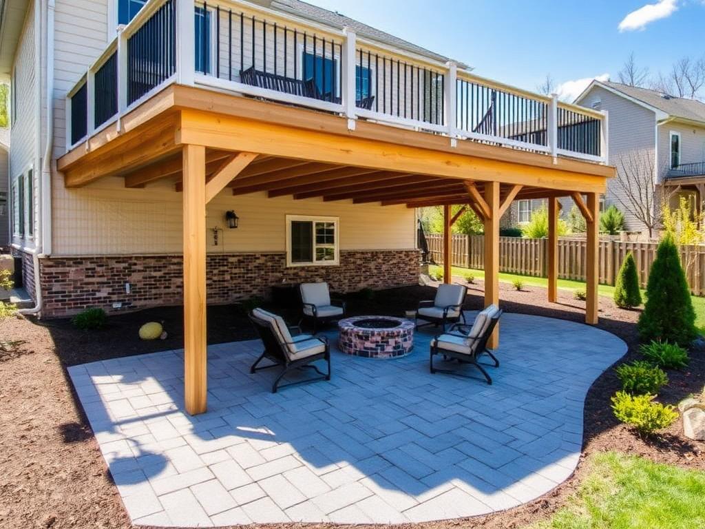 Gray paver patio with fire pit and seating under an elevated deck behind a Springfield VA home