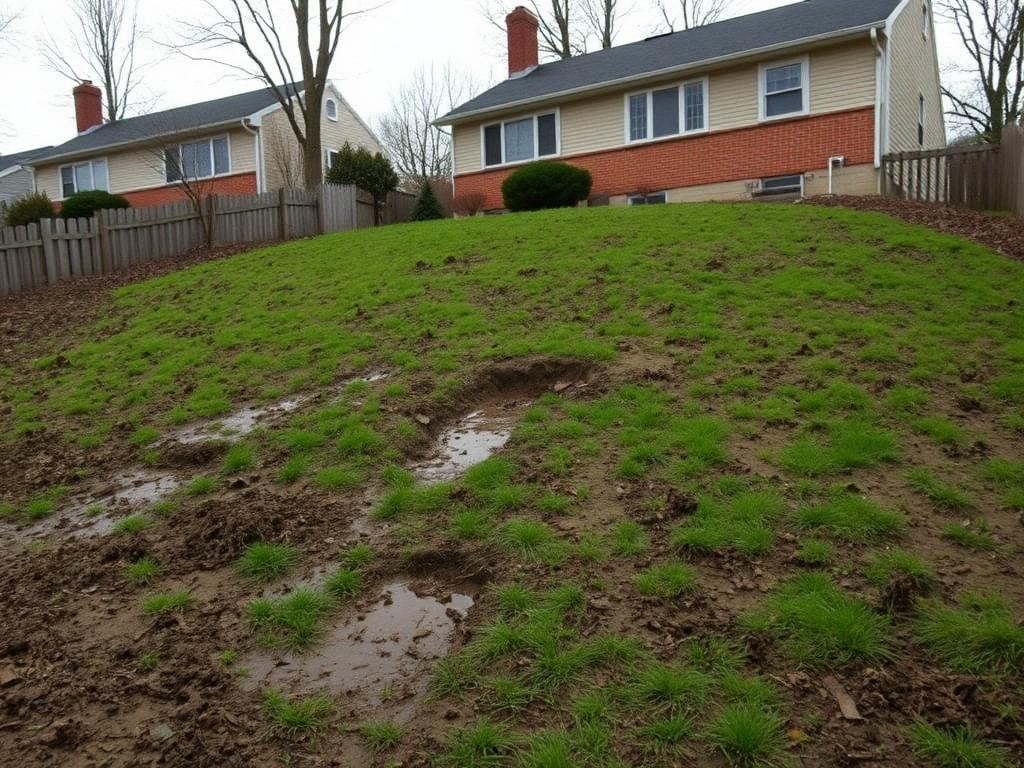 Sloped muddy backyard with patchy grass behind a Springfield VA split-level home before patio installation