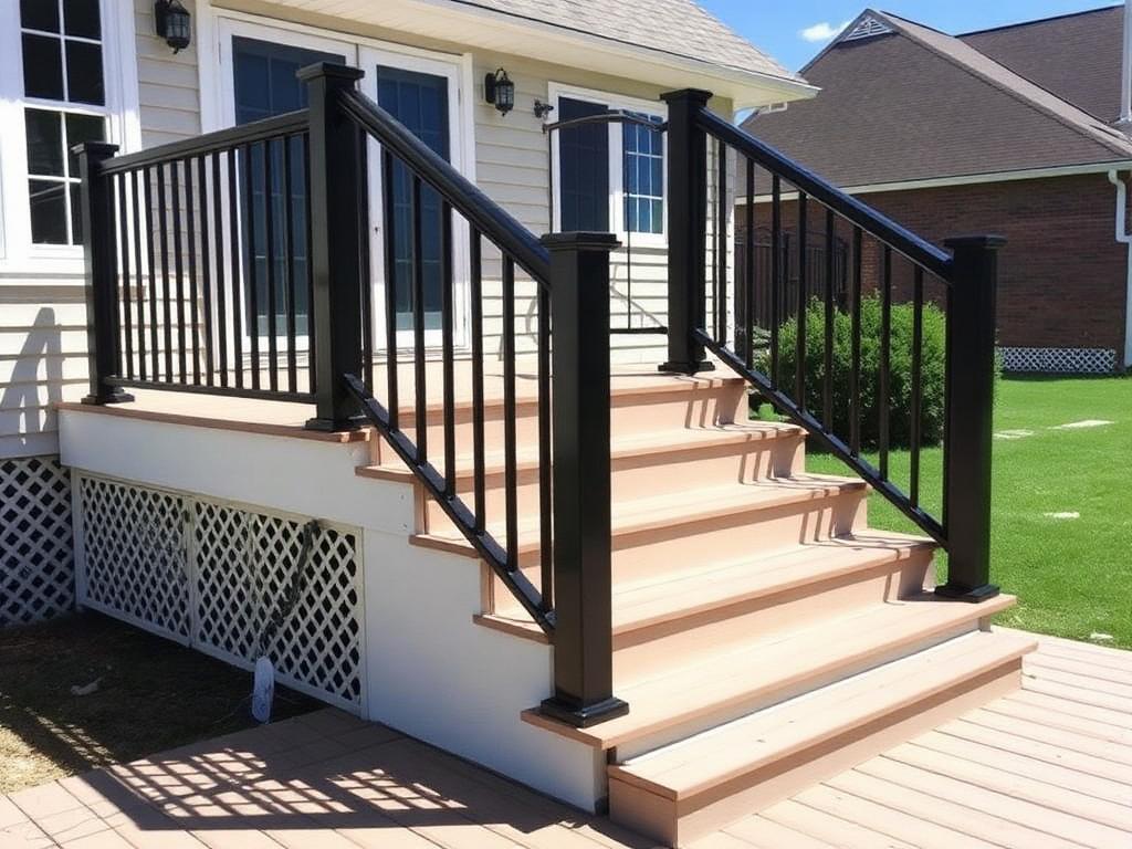 Rebuilt deck stairs with composite treads and new black metal railing on a Vienna VA home