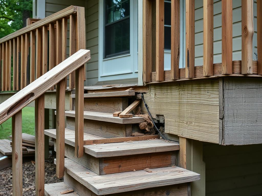Rotted deck stair stringers and damaged wood railing on a Vienna VA home before repair