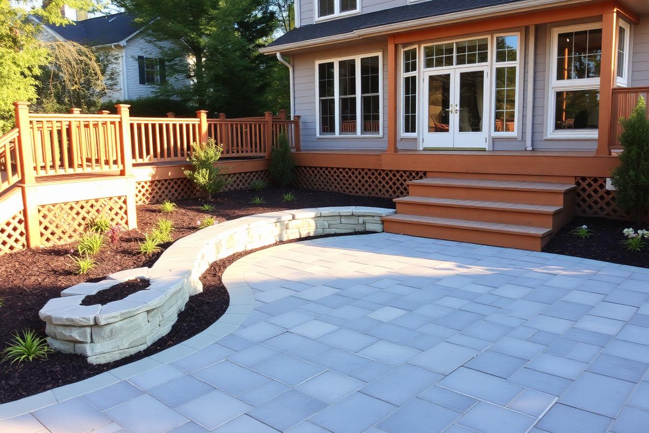 Backyard concrete paver patio with a seating wall next to a deck in Northern Virginia