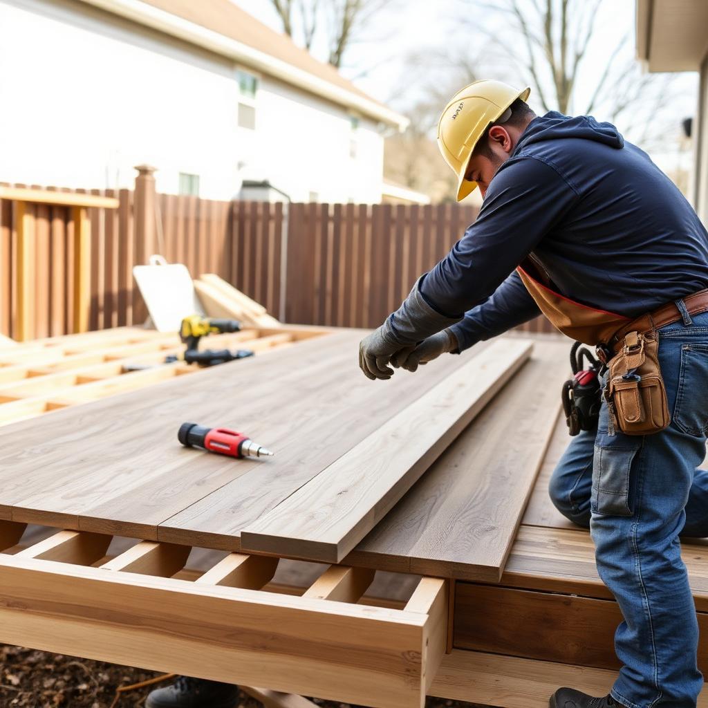 Deck construction worker installing composite boards in a NOVA backyard