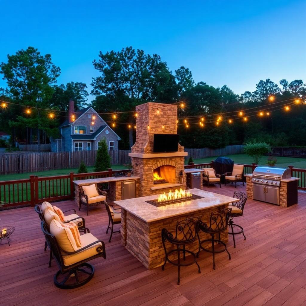 Luxury backyard deck with outdoor kitchen and fire feature